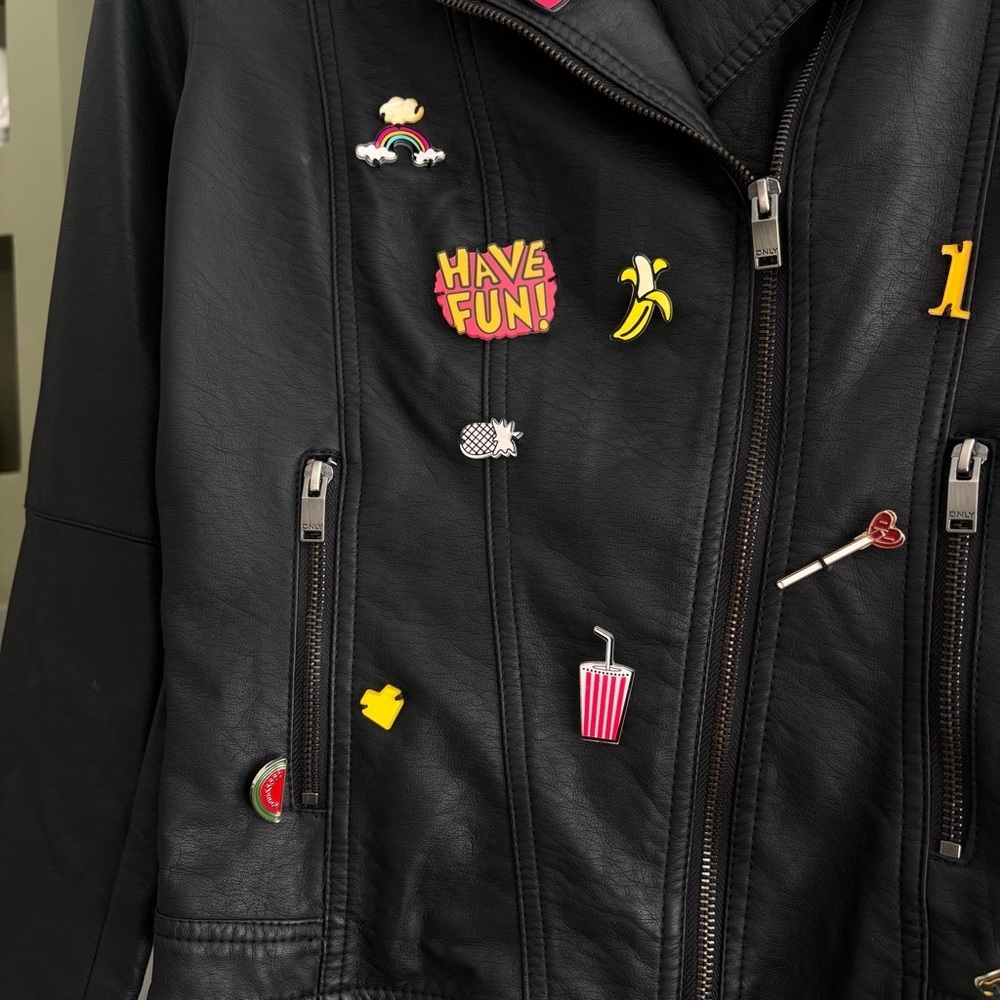 ONLY Black Faux Leather Moto Biker Jacket Size EU 38 (US M) with Fun Pins - Picture 3 of 7
